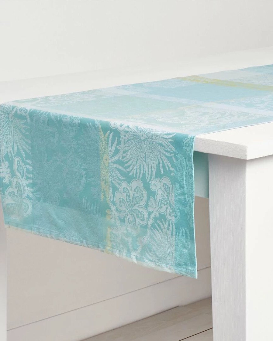 Linens * | Brand New Garnier Thiebaut Mille Venusta Aqua Tablerunner Home Linens