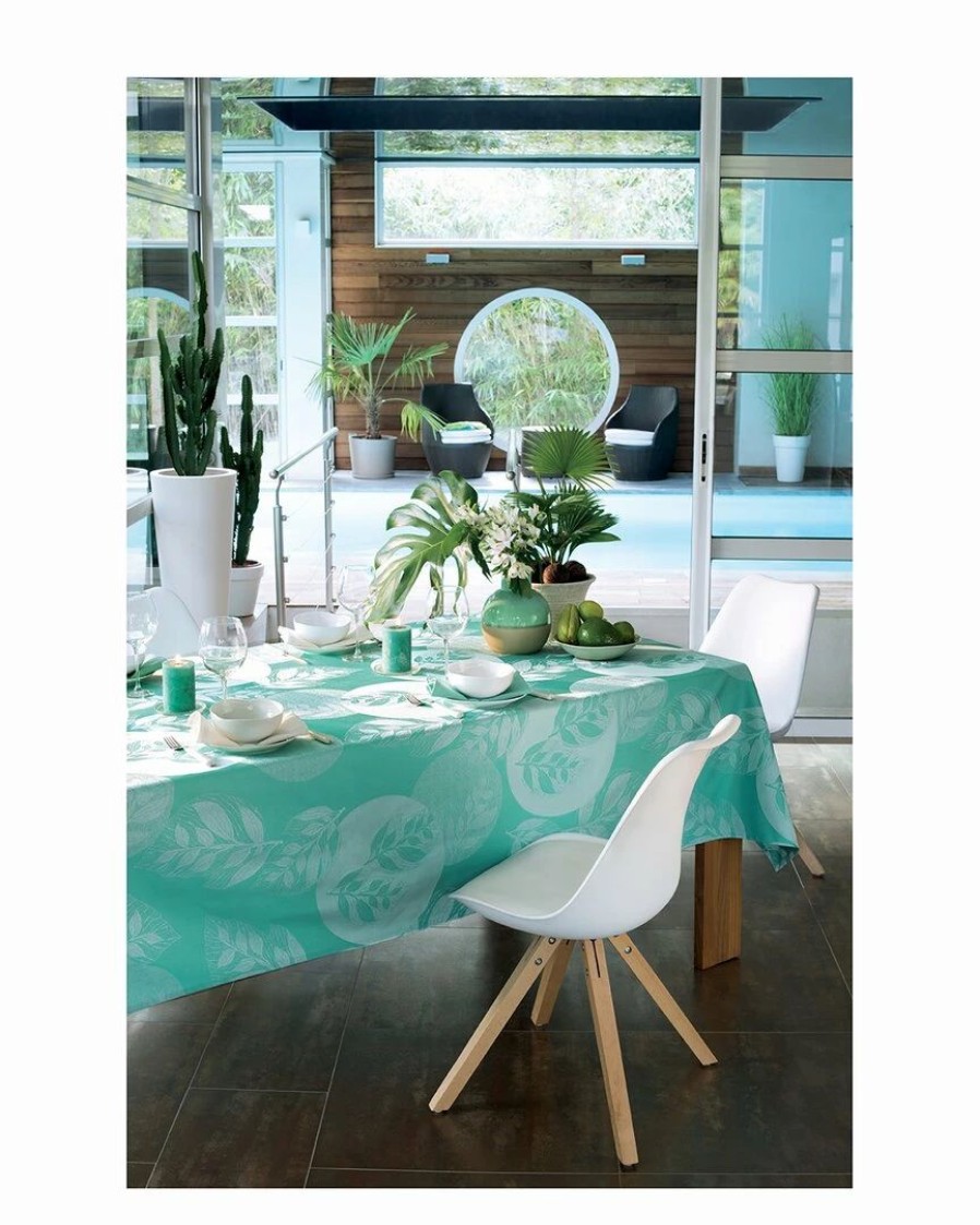 Linens * | Discount Garnier Thiebaut Mille Verdoyant Turquoise 71In X 98In Tablecloth Home Linens